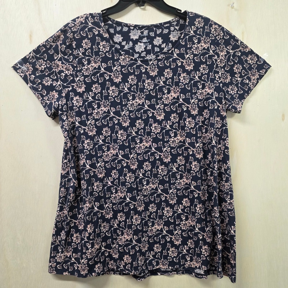 Pure Jill Pima Cotton Floral Scoop Neck Elliptical Tee Navy Pink L